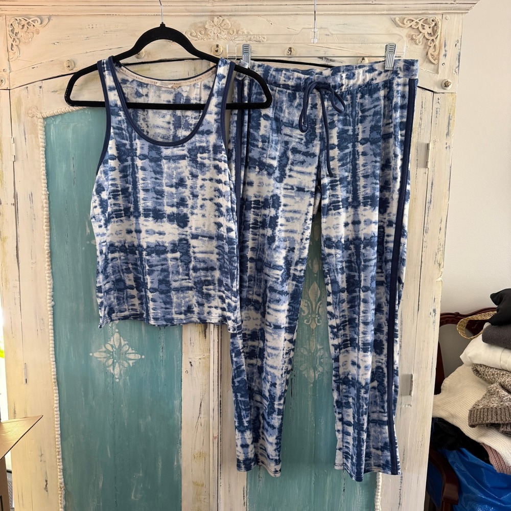 Lucky Brand Womens Blue White Tie Dye Pajama Set Tank Top Lounge Pants Small